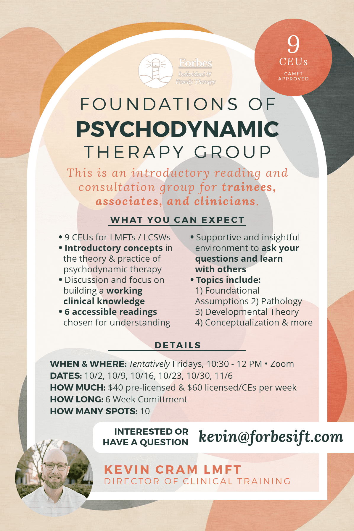Flyer for the Foundations of Psychodynamic Therapy Group: nine CAMFT-approved CEUs, six Friday sessions by Zoom beginning October 2.