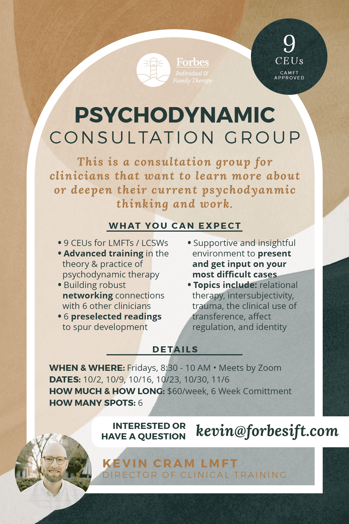 Flyer for the Psychodynamic Consultation Group: nine CAMFT-approved CEUs, six Friday sessions by Zoom beginning October 2.